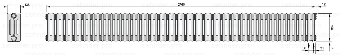 Схема (чертеж) Радиатор Zehnder Charleston 4040/60 №5510 Белый глянцевый RAL 9016